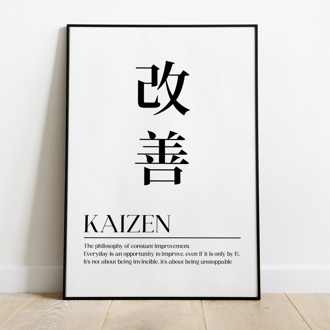 Motivational canvas wall art with Japanese characters and an English quote in a minimalist lifestyle interior