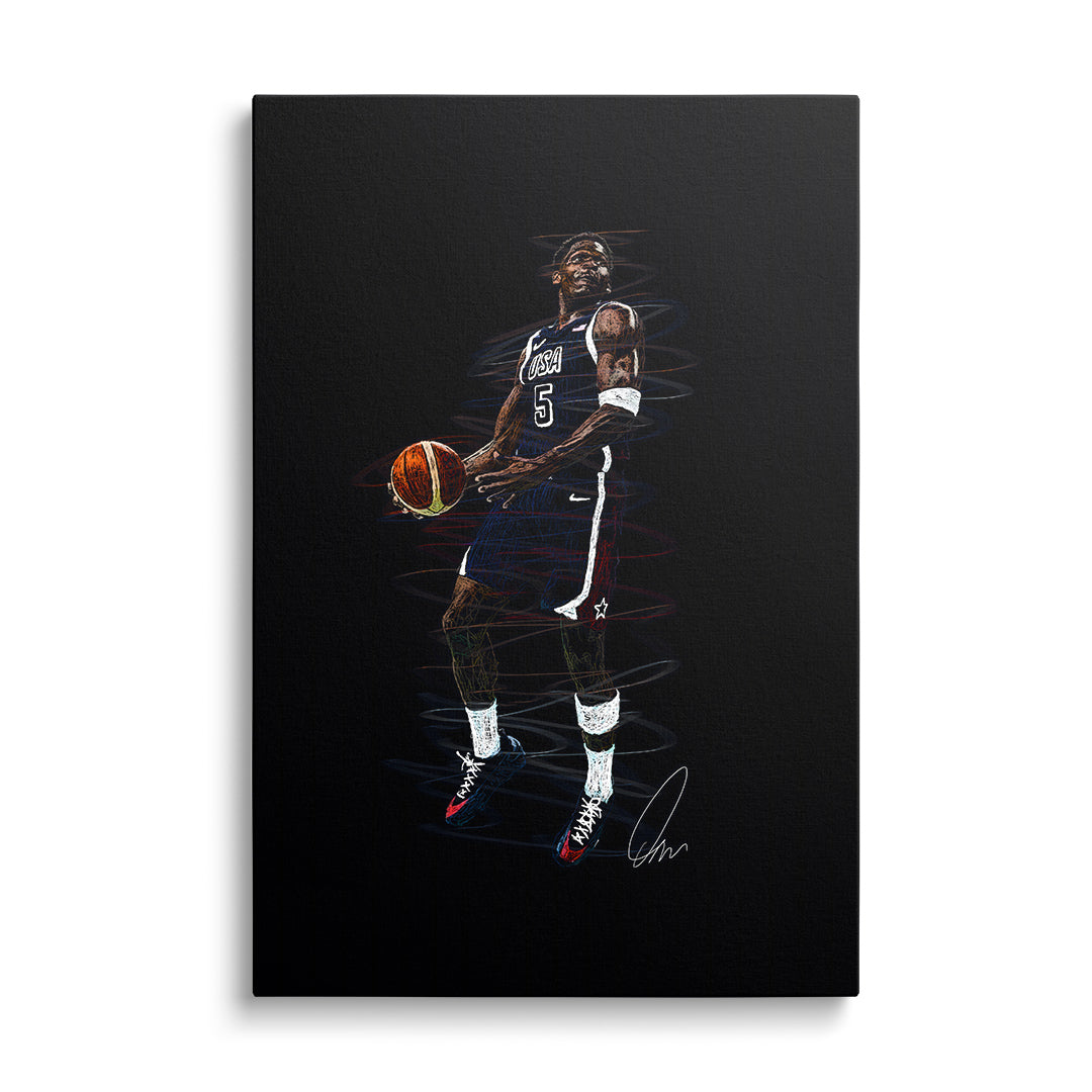 Motivational wall art of a basketball player in a USA #5 jersey, dynamic game action, athletic performance and white Nike sneakers.