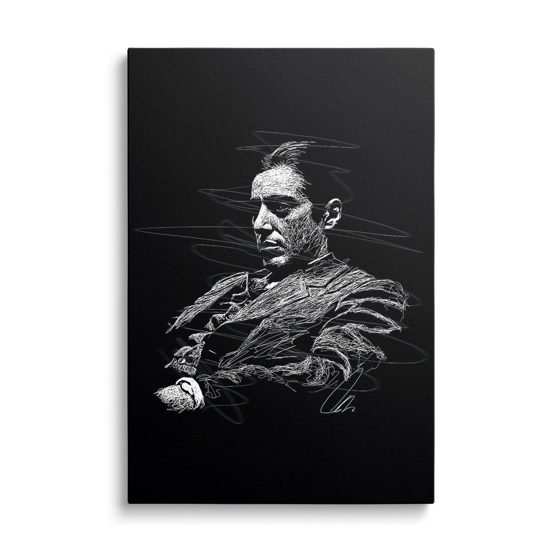 Motivational canvas wall art with a minimalist front-view line art portrait of a man in a suit in mafia style.