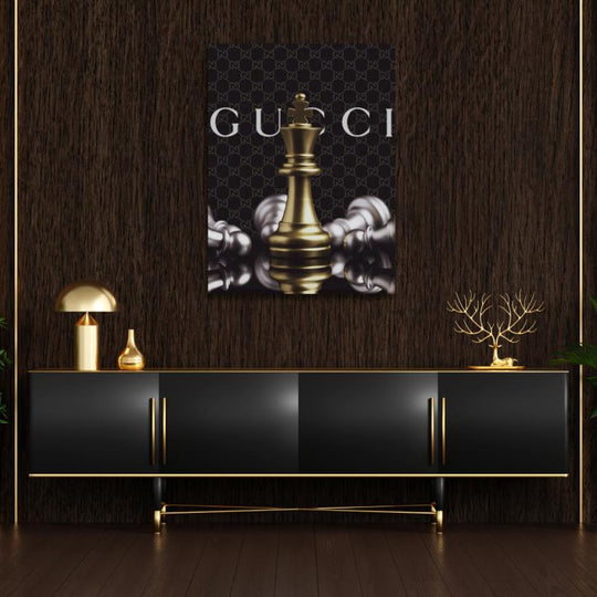 Motivational living room wall art with a luxury chess king and defeated pieces on a dark elegant background.