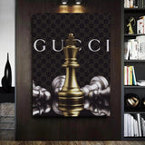 Luxury office wall art with a golden chess piece on a monogram background and a library behind it.