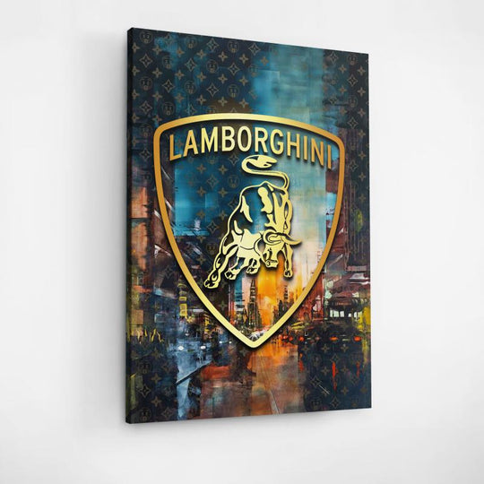 Front view of luxury Lamborghini canvas wall art with a golden bull and street art city theme.