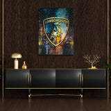 Luxury wall art with a Lamborghini logo, gold details and dark wood background.