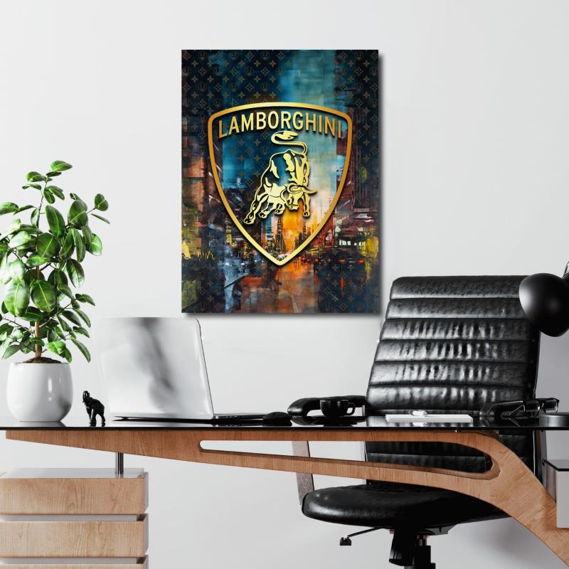 Motivational canvas wall art with a Lamborghini logo and night city scene hanging in a modern office.