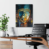 Motivational canvas wall art with a Lamborghini logo and night city scene hanging in a modern office.