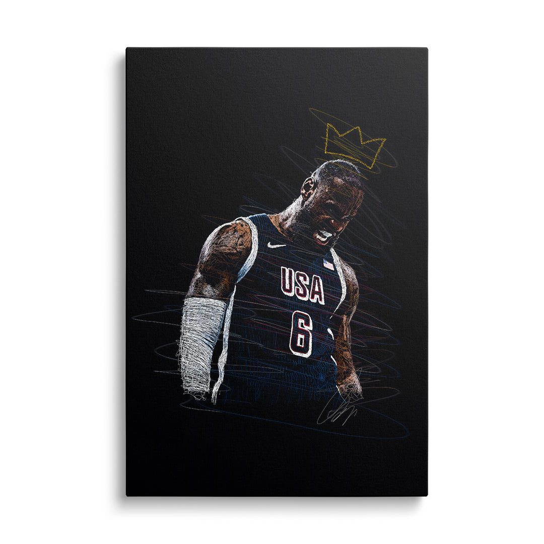 Motivational pop art canvas wall art with a basketball player in a USA jersey and gold crown in modern street art style.