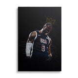 Motivational pop art canvas wall art with a basketball player in a USA jersey and gold crown in modern street art style.