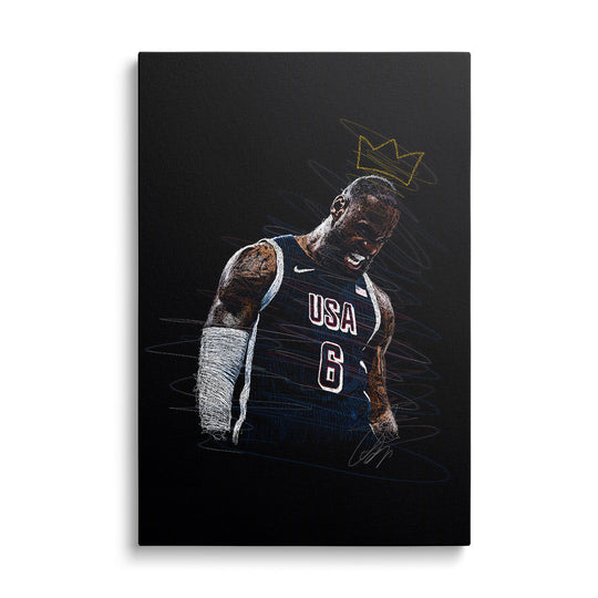 Motivational pop art canvas wall art with a basketball player in a USA jersey and gold crown in modern street art style.