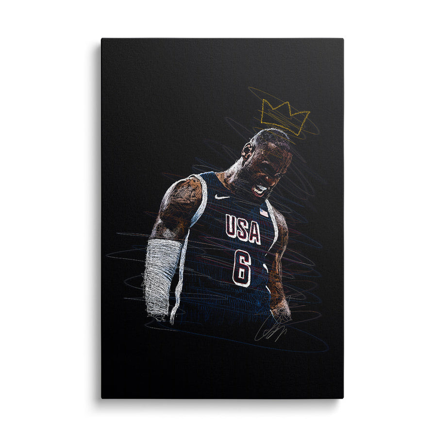 Motivational pop art canvas wall art with a basketball player in a USA jersey and gold crown in modern street art style.