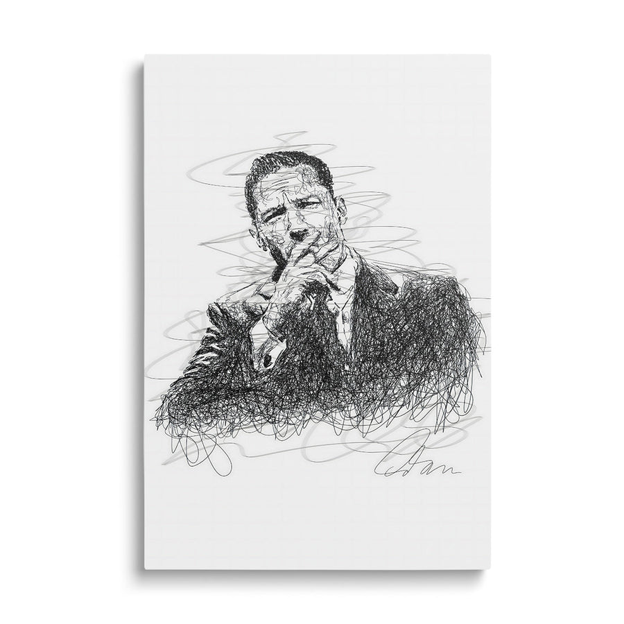 Motivational wall art of a man in a suit with his hand near his mouth, shown as a black-and-white expressive minimalist sketch.