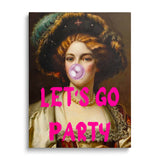 Pop art canvas wall art with a Baroque lady blowing a pink bubble and the text “LET’S GO PARTY.”