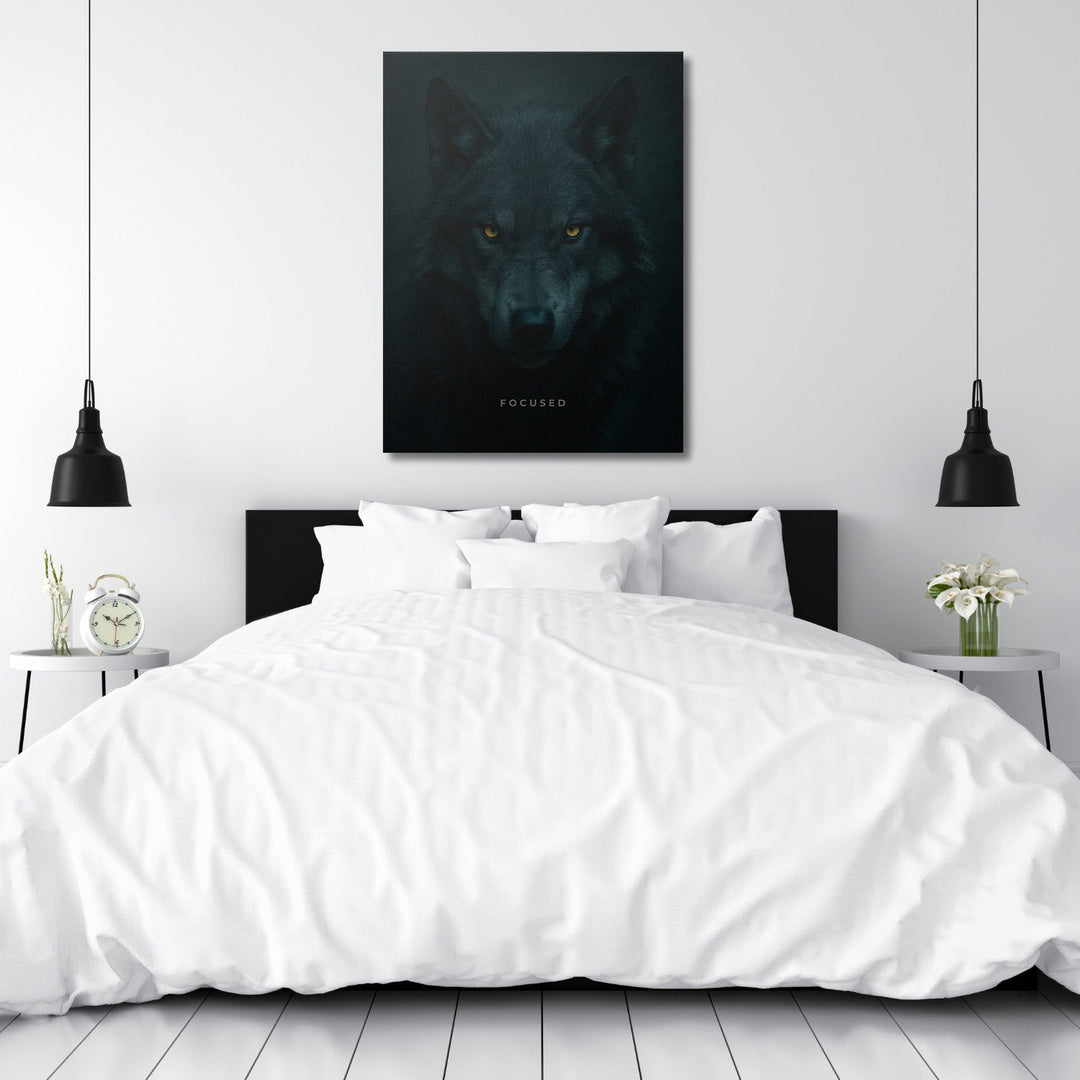 Motivational canvas wall art with a fierce wolf and FOCUSED text in a minimalist bedroom, modern wall decor.