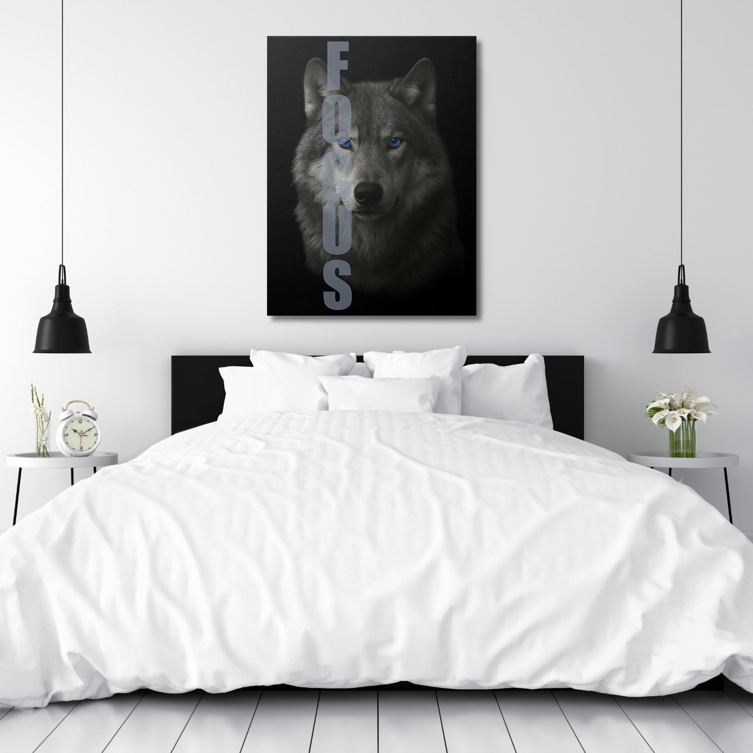 Motivational canvas wall art with a realistic wolf and FOCUS text in a modern minimalist bedroom.