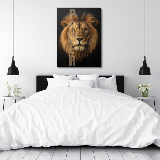 Motivational wall art with a realistic lion and POWER text above a bed in a minimalist bedroom.