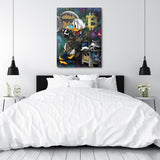 Motivational bedroom wall art with a pop art duck in a luxury jacket, Bitcoin and a gold safe, modern wall art style