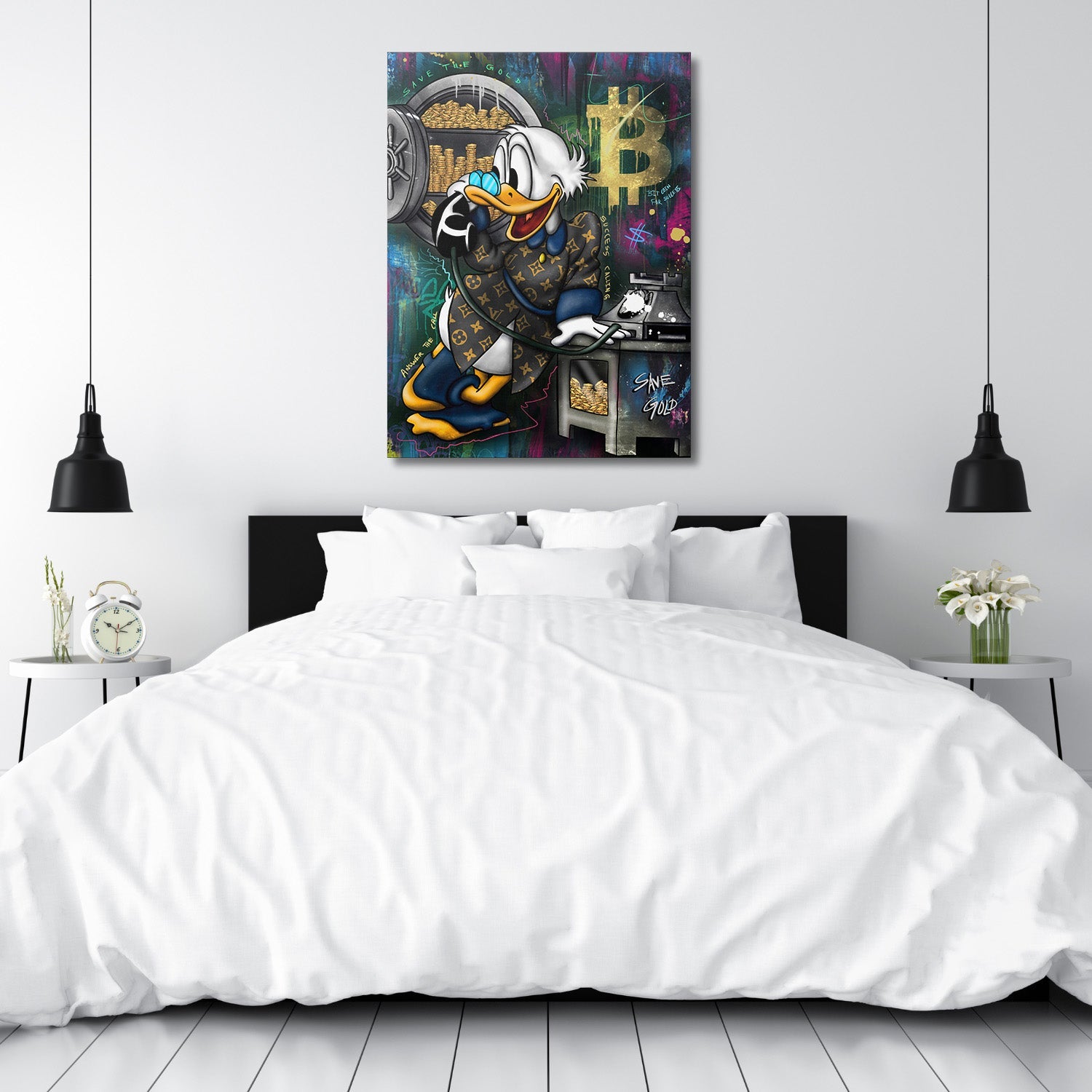 Motivational bedroom wall art with a pop art duck in a luxury jacket, Bitcoin and a gold safe, modern wall art style