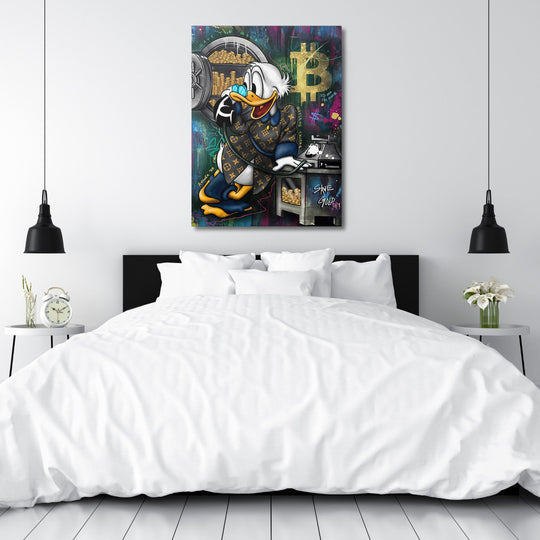 Motivational bedroom wall art with a pop art duck in a luxury jacket, Bitcoin and a gold safe, modern wall art style