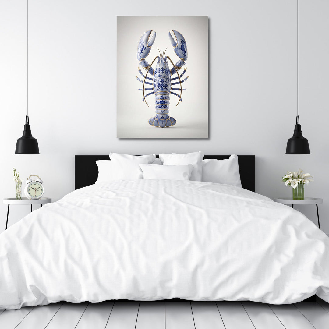 Modern wall art with a porcelain lobster in a minimalist white bedroom