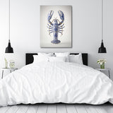 Modern wall art with a porcelain lobster in a minimalist white bedroom
