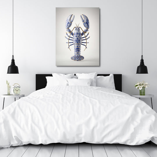 Modern wall art with a porcelain lobster in a minimalist white bedroom