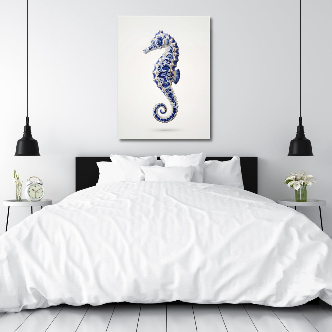 Motivational canvas print with a blue seahorse in a minimalist white bedroom