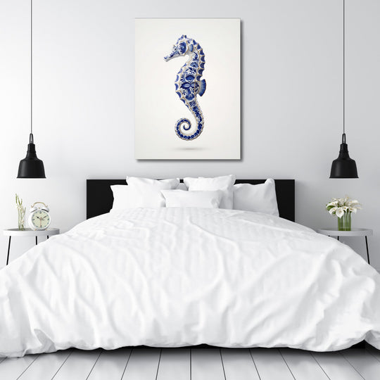 Motivational canvas print with a blue seahorse in a minimalist white bedroom