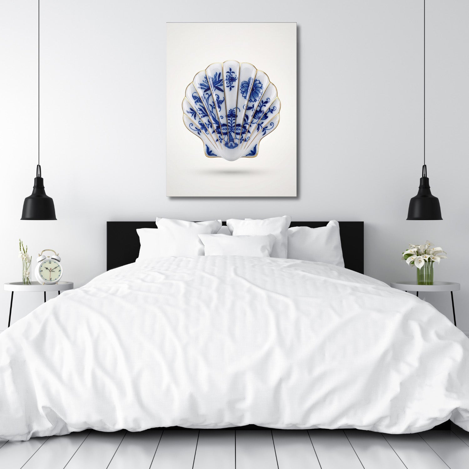 Motivational canvas print with a Delft blue-and-white shell in a bedroom, minimalist modern design