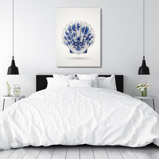Motivational canvas print with a Delft blue-and-white shell in a bedroom, minimalist modern design