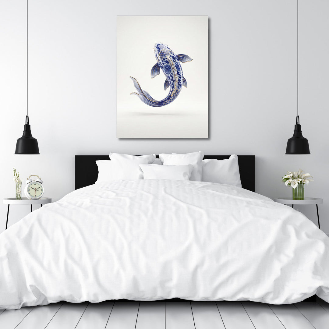 Motivational canvas print with a blue-and-white carp above a bed in a minimalist bedroom