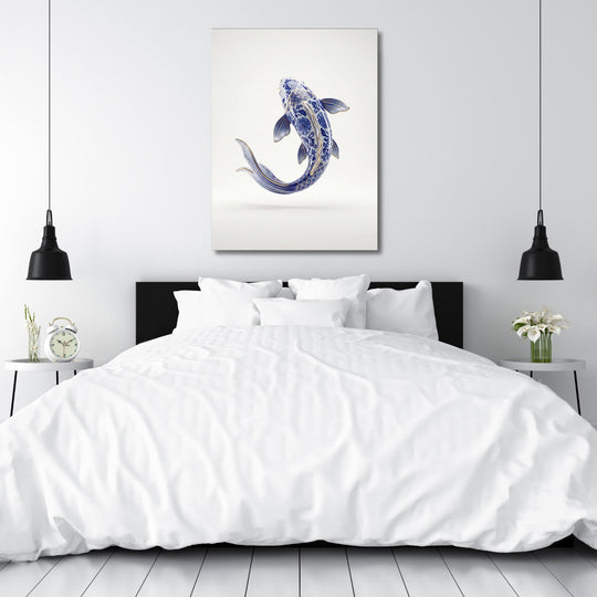 Motivational canvas print with a blue-and-white carp above a bed in a minimalist bedroom