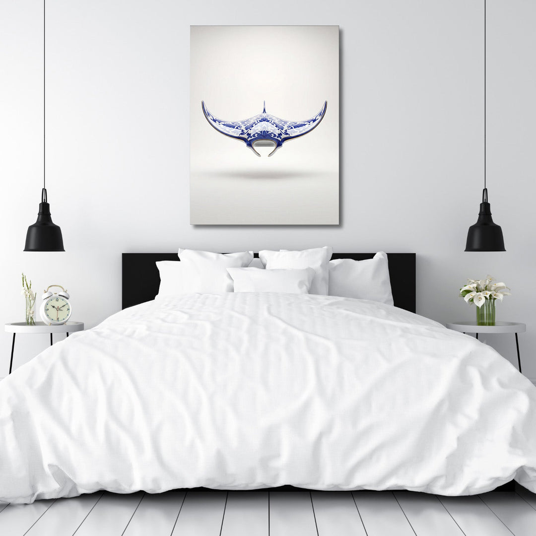 Motivational wall art for a bedroom with a minimalist blue-and-white stingray pattern
