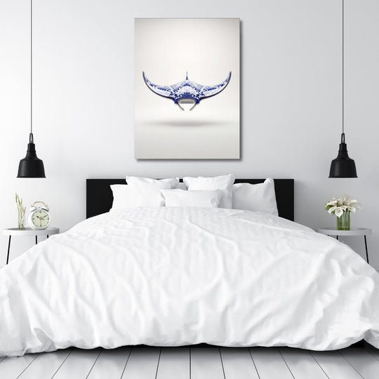 Motivational wall art for a bedroom with a minimalist blue-and-white stingray pattern