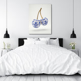 Motivational canvas print with porcelain cherries in a blue-and-white pattern and gold stem for a bedroom