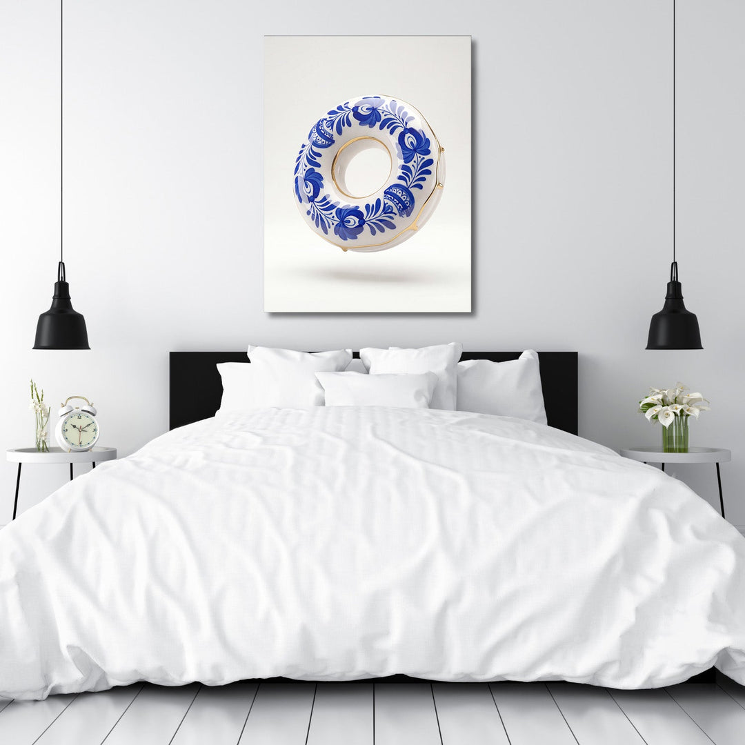 Modern wall art with a porcelain ring and blue flowers in a white minimalist bedroom