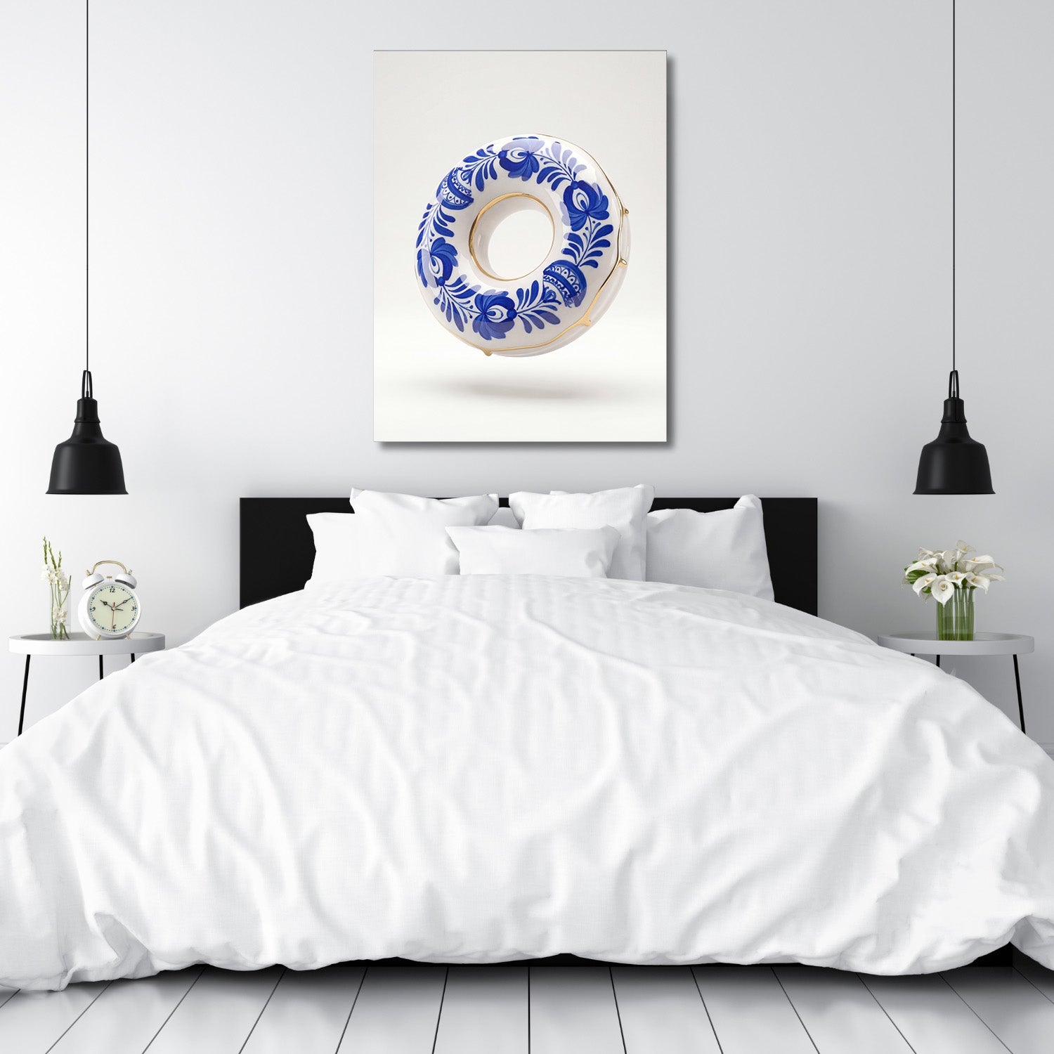 Modern wall art with a porcelain ring and blue flowers in a white minimalist bedroom