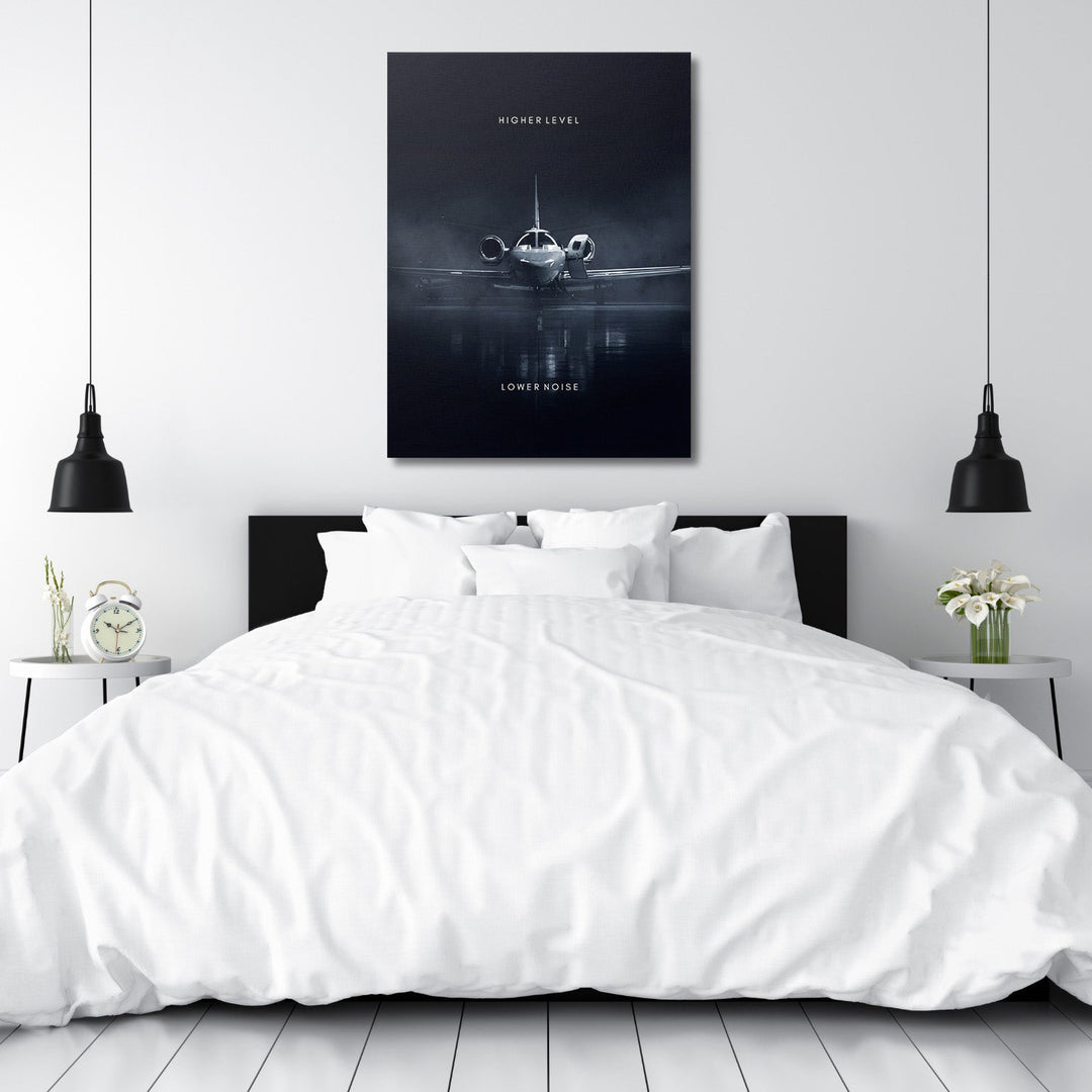 Motivational canvas print with a luxury jet in a smoky night atmosphere above a double bed