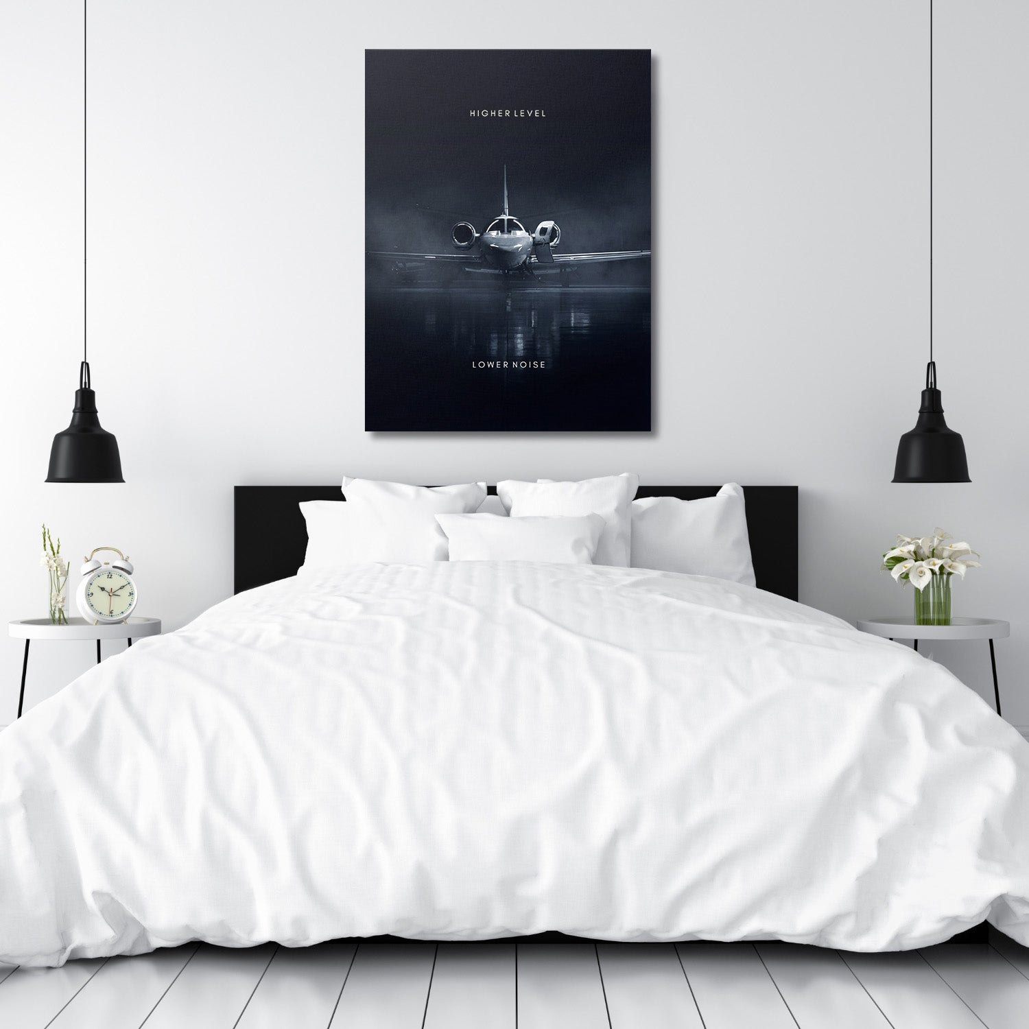 Motivational canvas print with a luxury jet in a smoky night atmosphere above a double bed