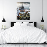 Motivational canvas print with a luxury yacht and the text “My Future View” above a bed in a minimalist bedroom