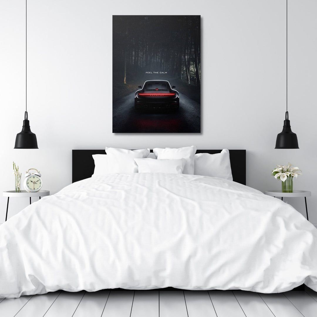 Motivational wall art for a bedroom, Porsche 911 on forest road with quote "Feel the Calm"