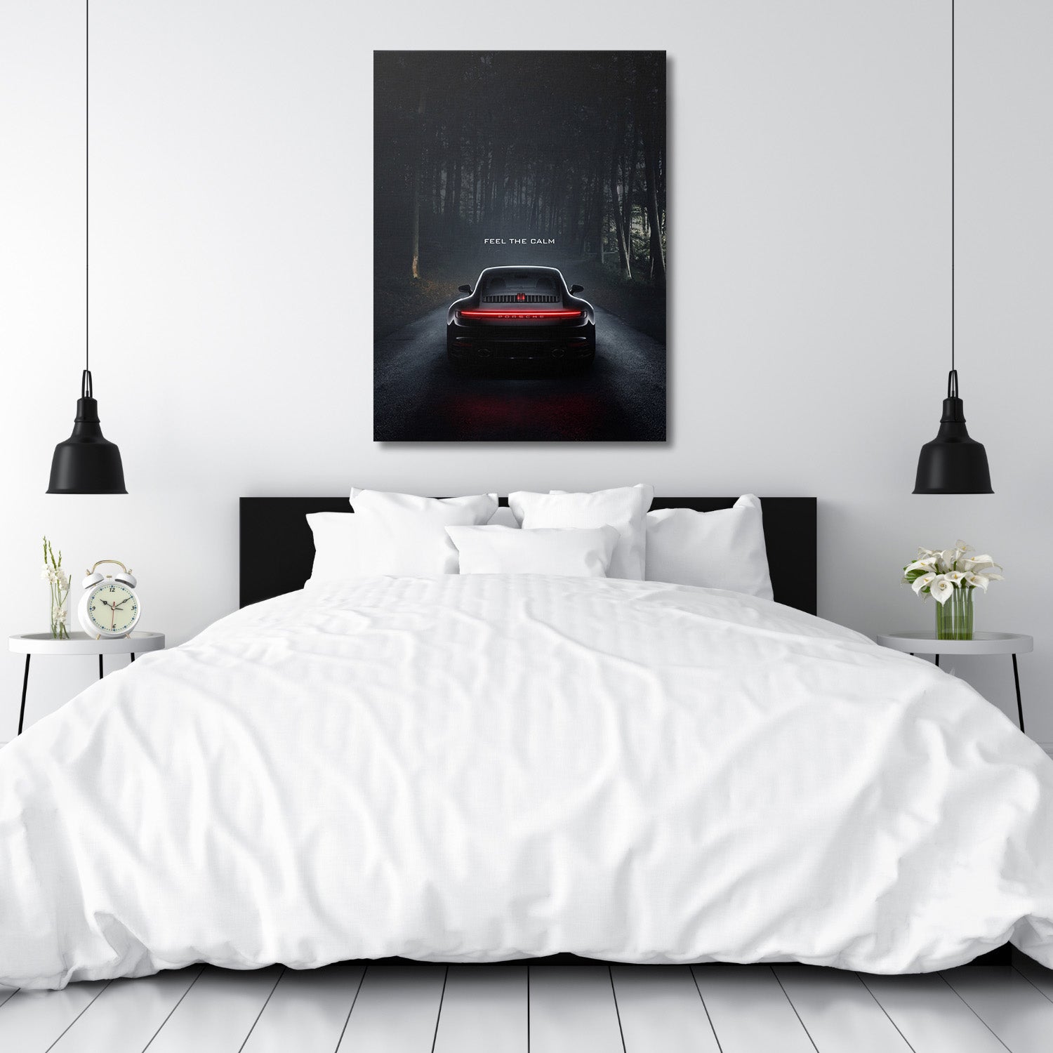 Motivational wall art for a bedroom, Porsche 911 on forest road with quote "Feel the Calm"