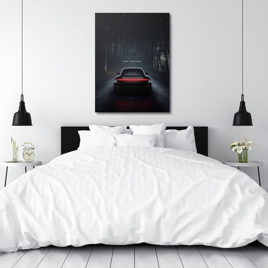 Motivational wall art for a bedroom, Porsche 911 on forest road with quote "Feel the Calm"