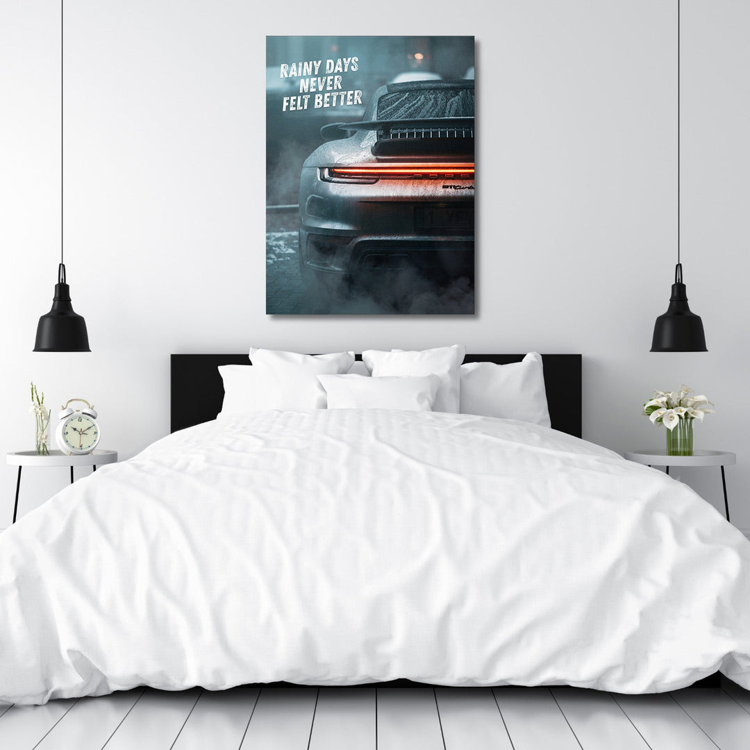 Motivational canvas wall art with night rain on rear section sports car in a modern bedroom
