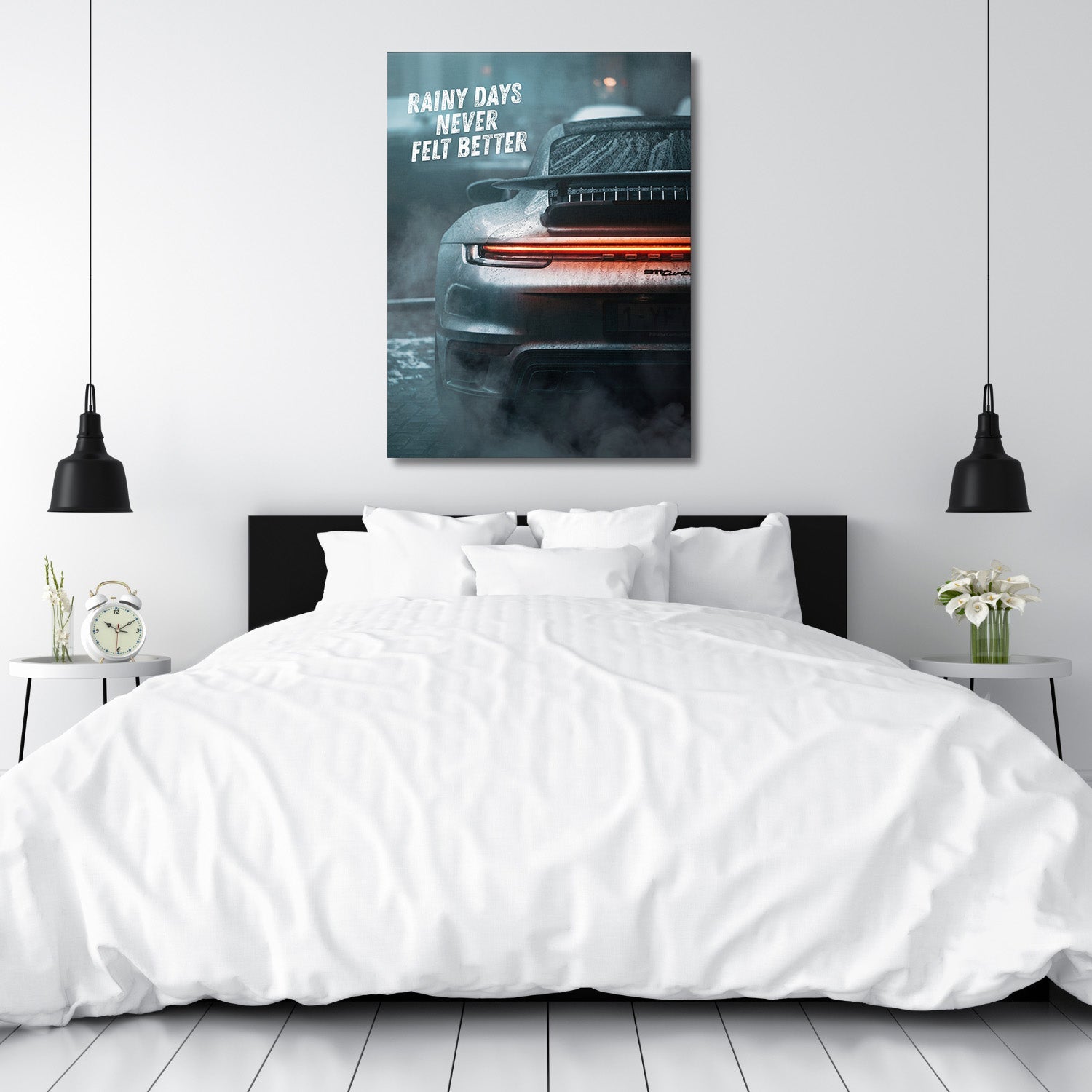 Motivational canvas wall art with night rain on rear section sports car in a modern bedroom