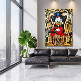 Luxury pop art wall art with Scrooge McDuck, graffiti and flying banknotes in a living room