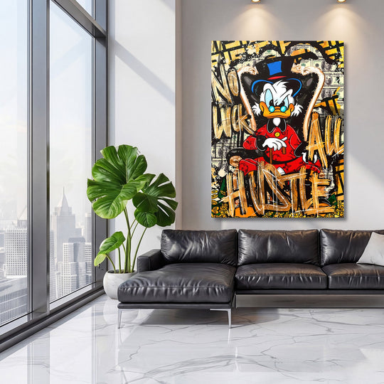 Luxury pop art wall art with Scrooge McDuck, graffiti and flying banknotes in a living room