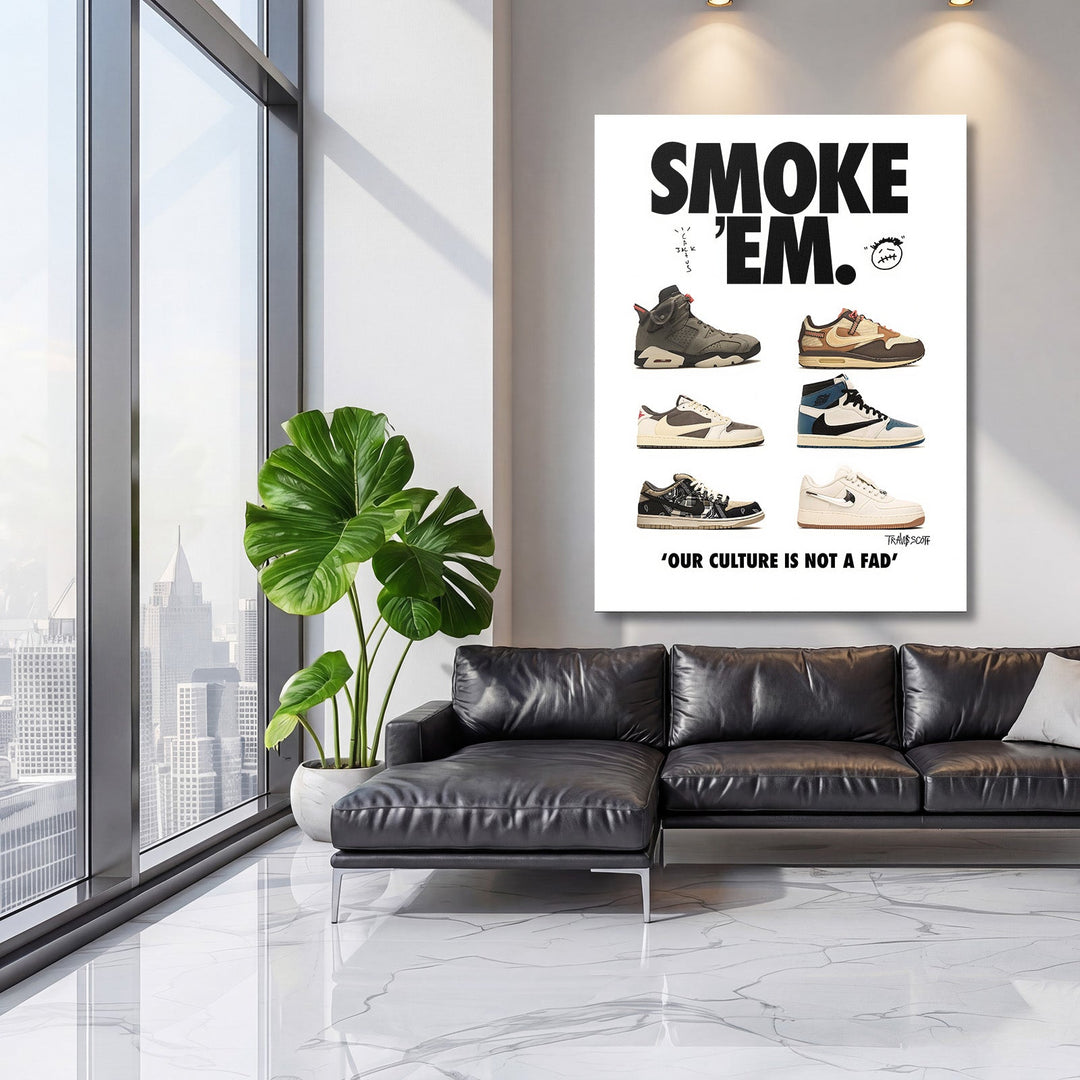 Motivational wall art with six Nike sneakers and “Smoke ’Em” text in a modern living room