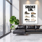 Motivational wall art with six Nike sneakers and “Smoke ’Em” text in a modern living room