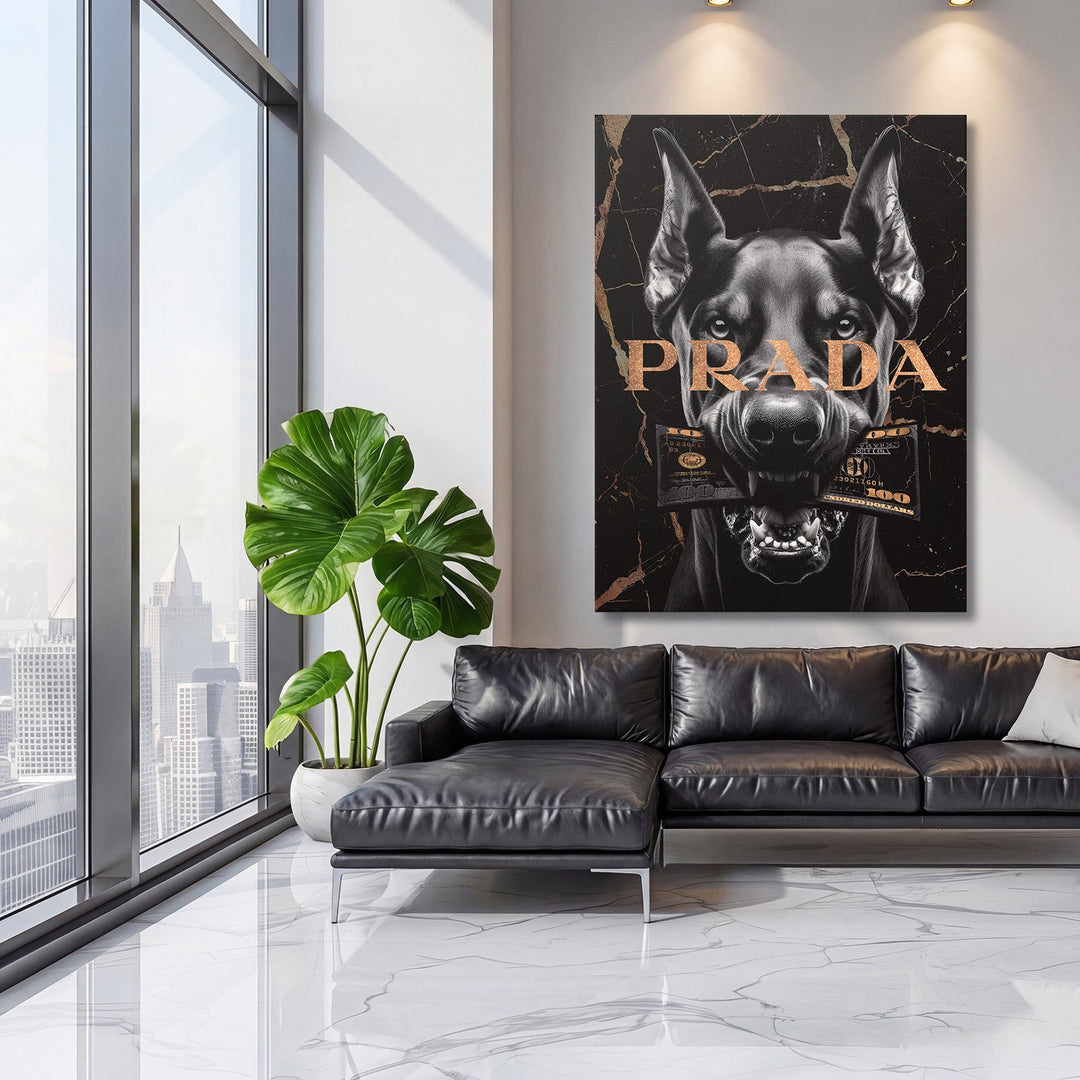 Motivational canvas wall art with Doberman and dollar bills in a luxury modern living room