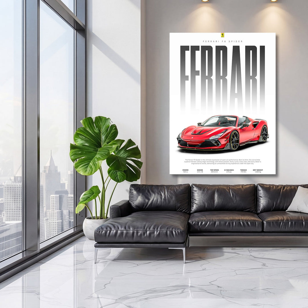Motivational wall art with a red sports car in a minimalist modern living room