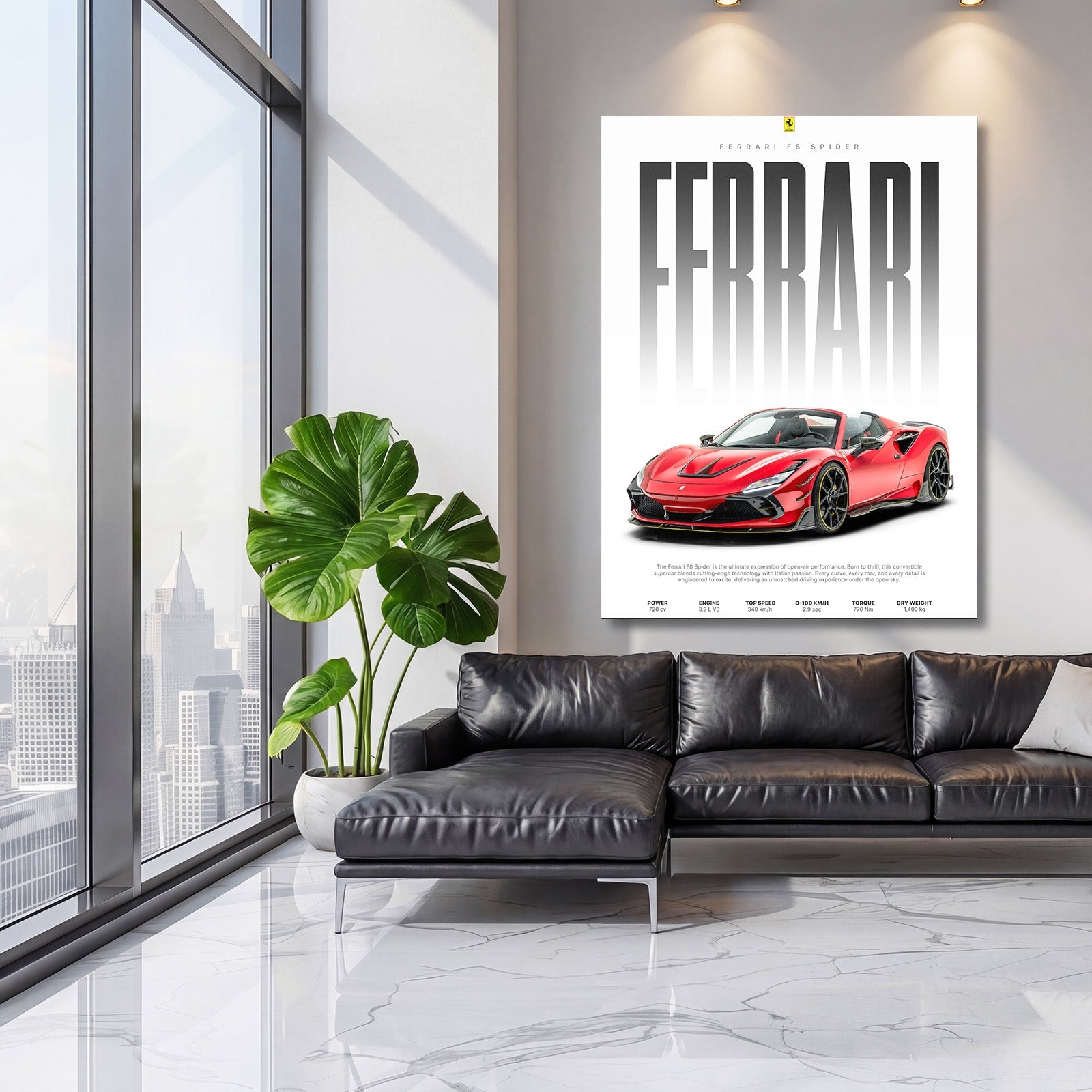 Motivational wall art with a red sports car in a minimalist modern living room